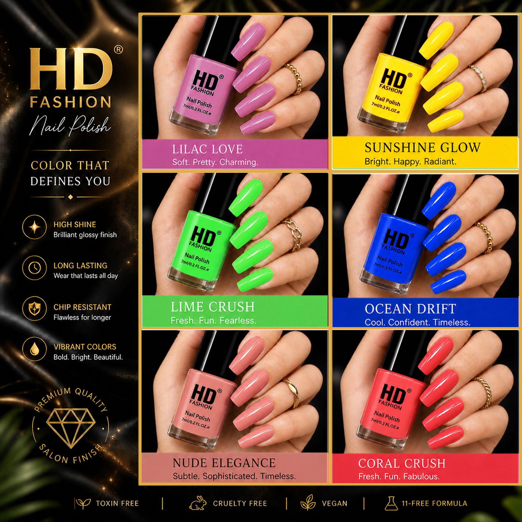 hd fashion Acrylic High Gloss 6-Piece Quick Dry Long Lasting Nail Polish Combo Set H22 Peach,Yellow, Green, Blue,Nude,Mauve-picture-31
