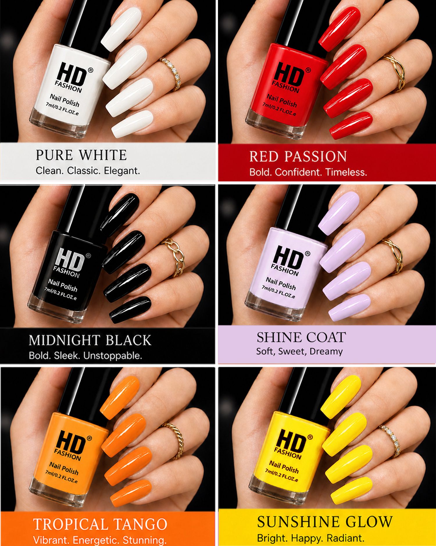 hd fashion Acrylic High Gloss 6-Piece Quick Dry Long Lasting Nail Polish Combo Set H251 White,Red,Black,Top Coat,Orange,Yellow-picture-43