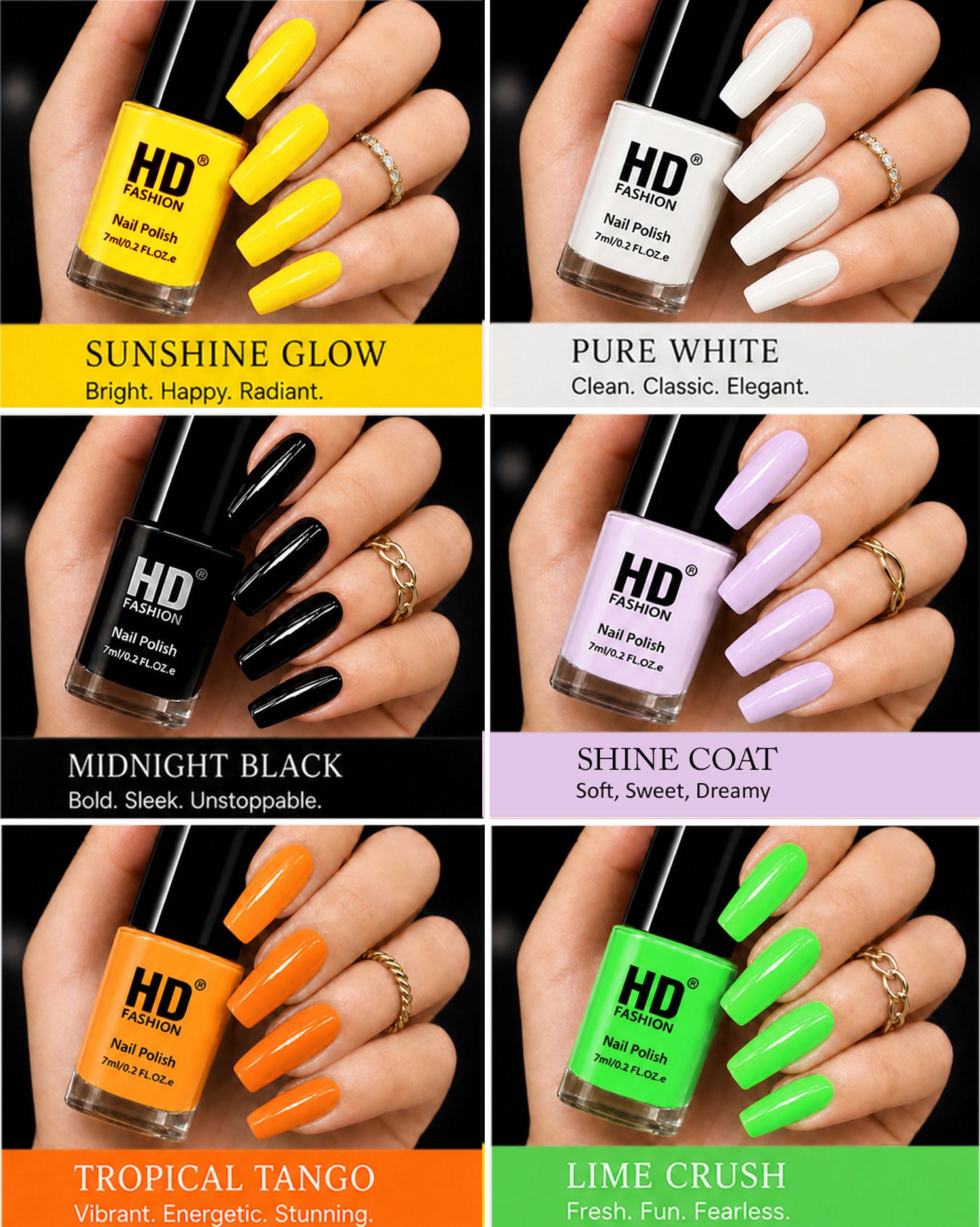 hd fashion Acrylic High Gloss 6-Piece Quick Dry Long Lasting Nail Polish Combo Set H264 Yellow,White,Black,Top Coat,Orange,Green-picture-35