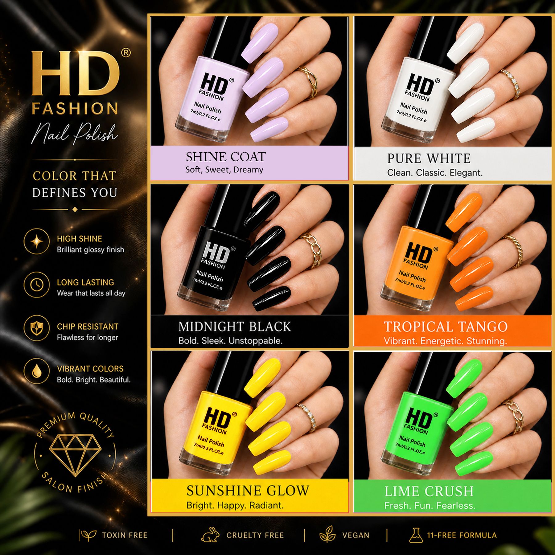 hd fashion Acrylic High Gloss 6-Piece Quick Dry Long Lasting Nail Polish Combo Set H109 Top Coat, White,Black,Orange,Yellow,Green-picture-17