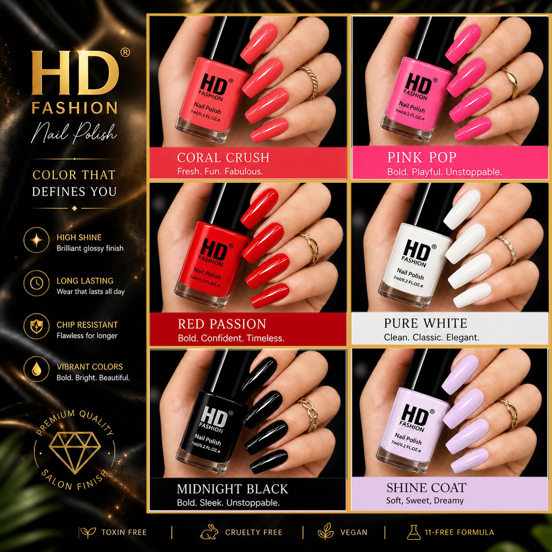 hd fashion Acrylic High Gloss 6-Piece Quick Dry Long Lasting Nail Polish Combo Set H25 Mauve,Magenta,Red,White,Black,Top Coat-picture-45