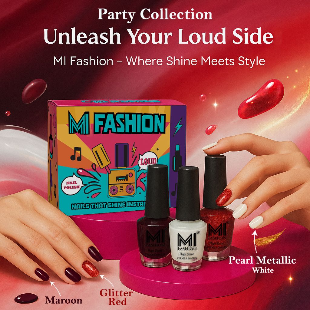 mi fashion Nailpaint Combo for women Smooth High Shine Quick Dry Shades Nailpaint Set Pearl Metallic White, Maroon, Glitter Red-picture-11