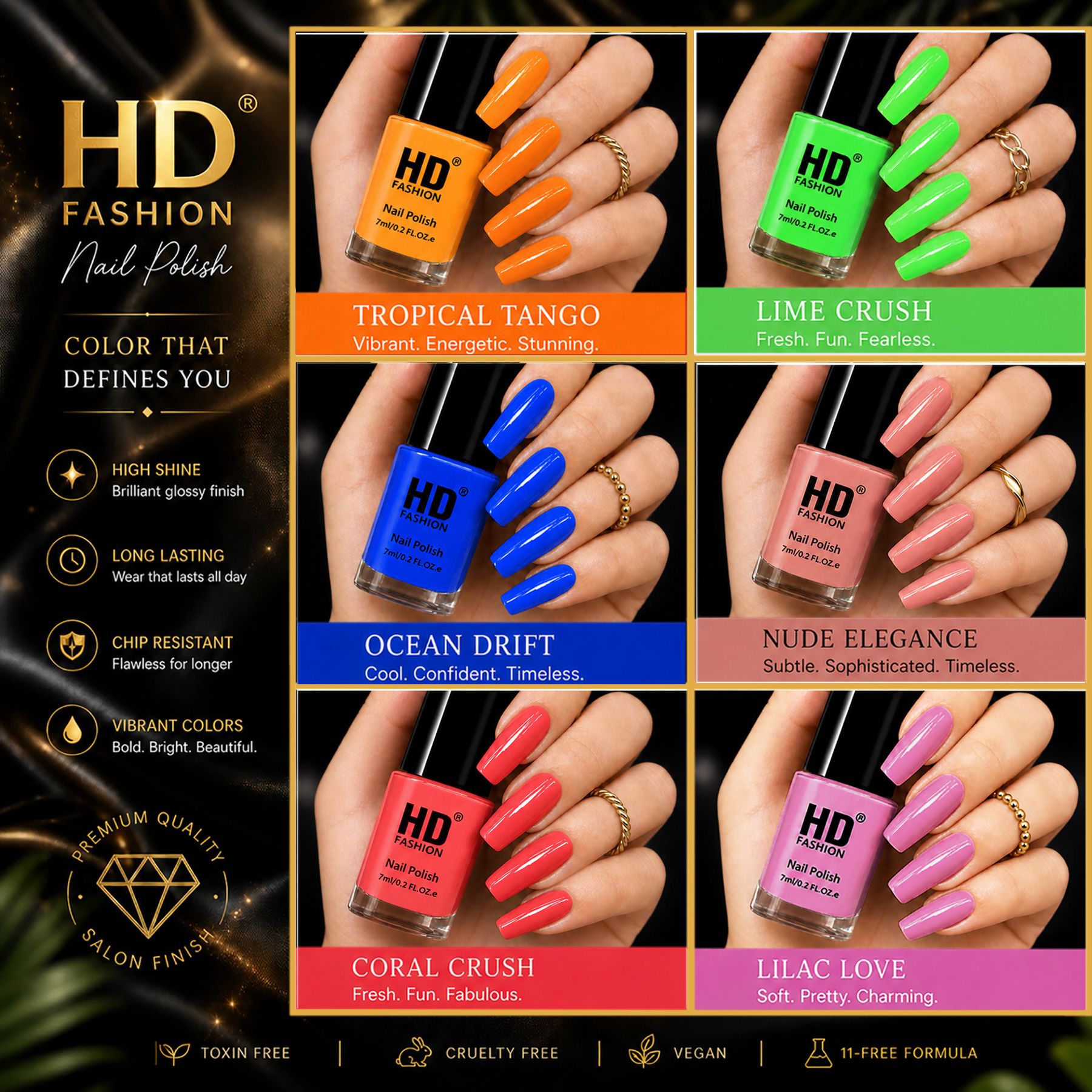 hd fashion Acrylic High Gloss 6-Piece Quick Dry Long Lasting Nail Polish Combo Set H84 Orange,Yellow,Green,Blue,Nude,Mauve-picture-14
