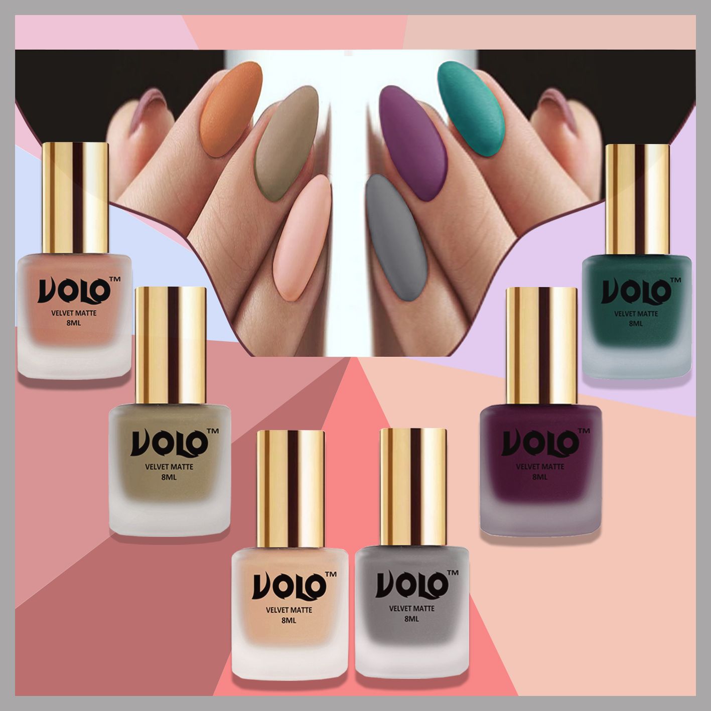 Velvet Dull Matte Posh Shades Party Girl Range Nail Polish Sets Combo-No-23 Light Wine, Sand Nude, Light Peach, Dark Green, Nude, Grey