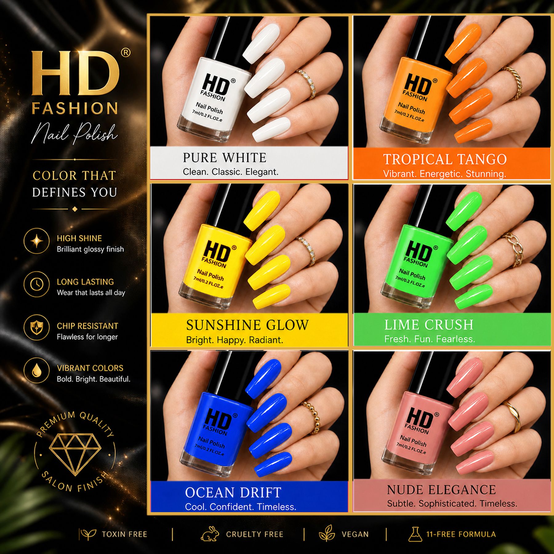 hd fashion Acrylic High Gloss 6-Piece Quick Dry Long Lasting Nail Polish Combo Set H117 White,Orange,Yellow,Green,Blue,Nude-picture-28