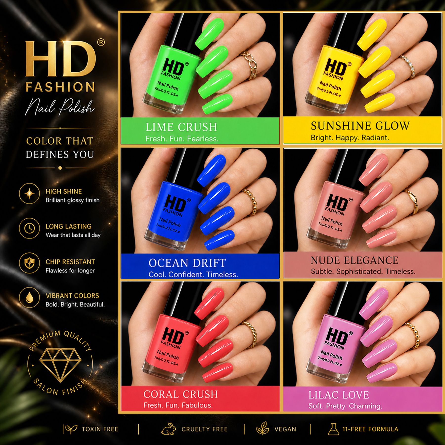 hd fashion Acrylic High Gloss 6-Piece Quick Dry Long Lasting Nail Polish Combo Set H77 Green,Yellow, Blue,Nude,Mauve,Peach-picture-37