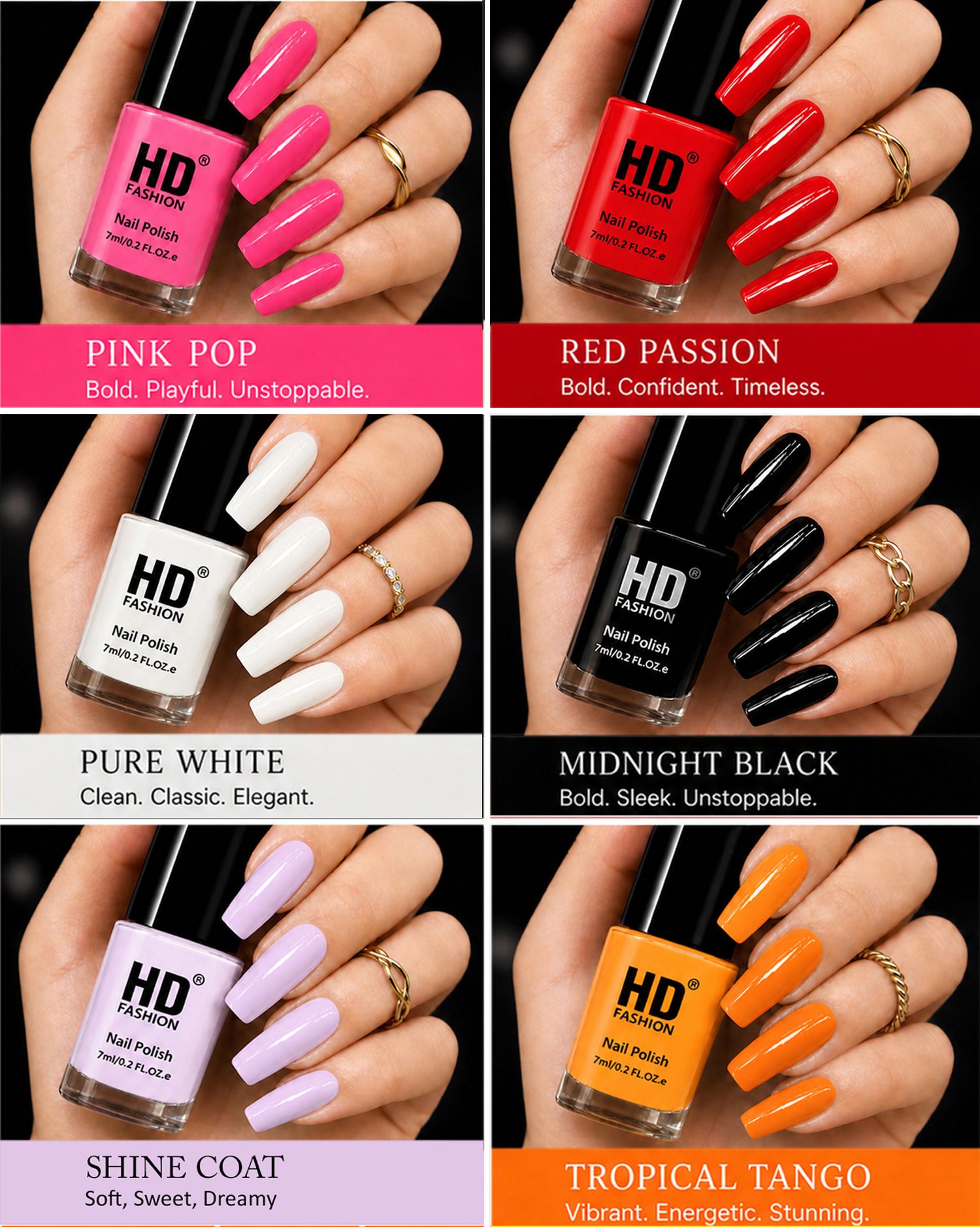 hd fashion Acrylic High Gloss 6-Piece Quick Dry Long Lasting Nail Polish Combo Set H174 Magenta,Red,White,Black,Top Coat,Orange-picture-21