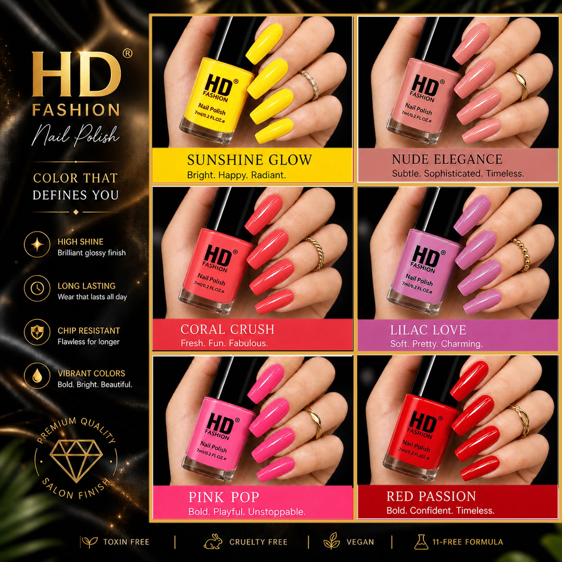 hd fashion Acrylic High Gloss 6-Piece Quick Dry Long Lasting Nail Polish Combo Set H122 Yellow,Nude,Mauve,Peach,Magenta,Red-picture-47