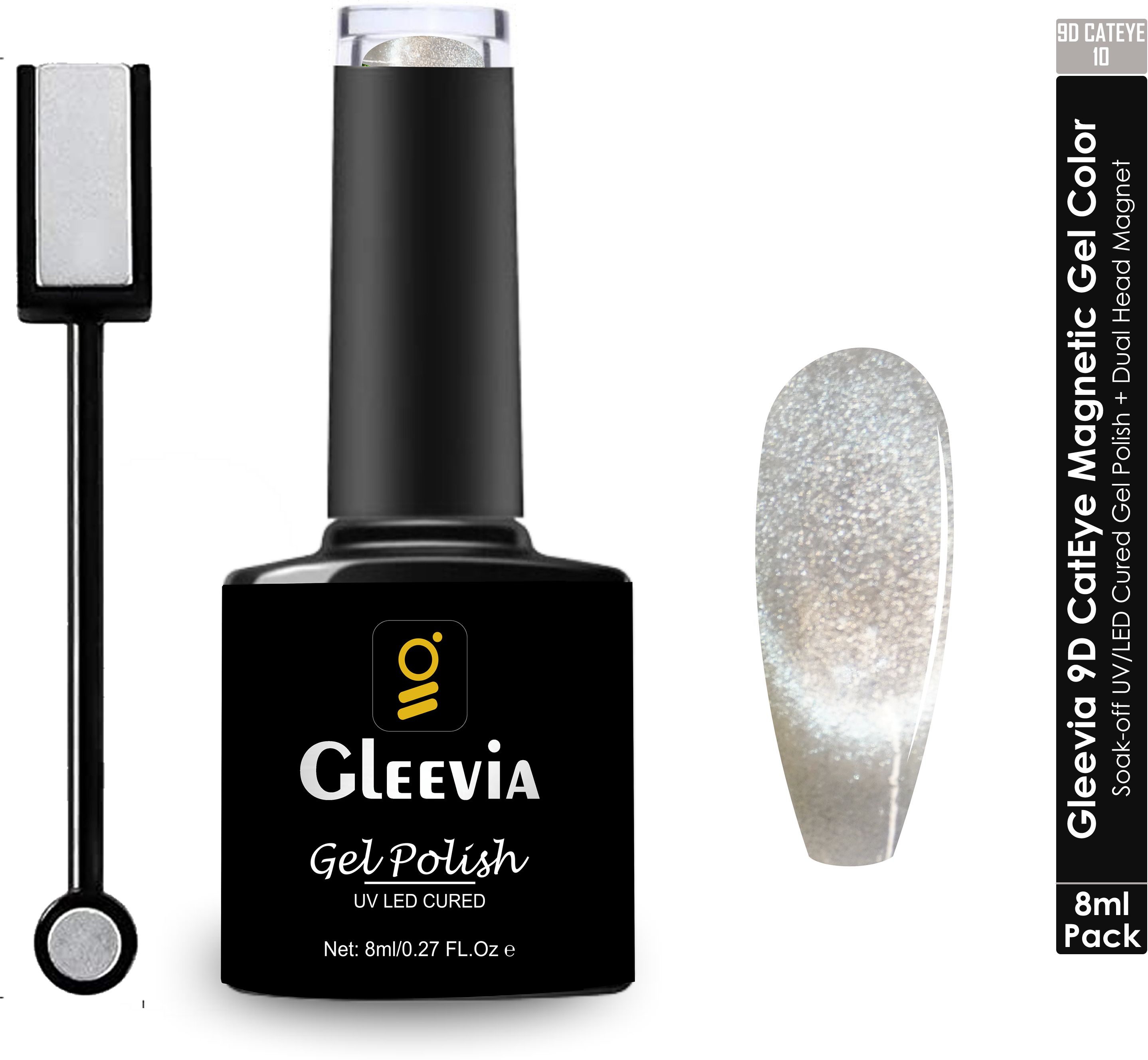 9D Cat Eye Nail Polish- Magnetic UV Gel Color 8ml with Magnet Combo Pack 9D10 Color: Light Grey-image-45