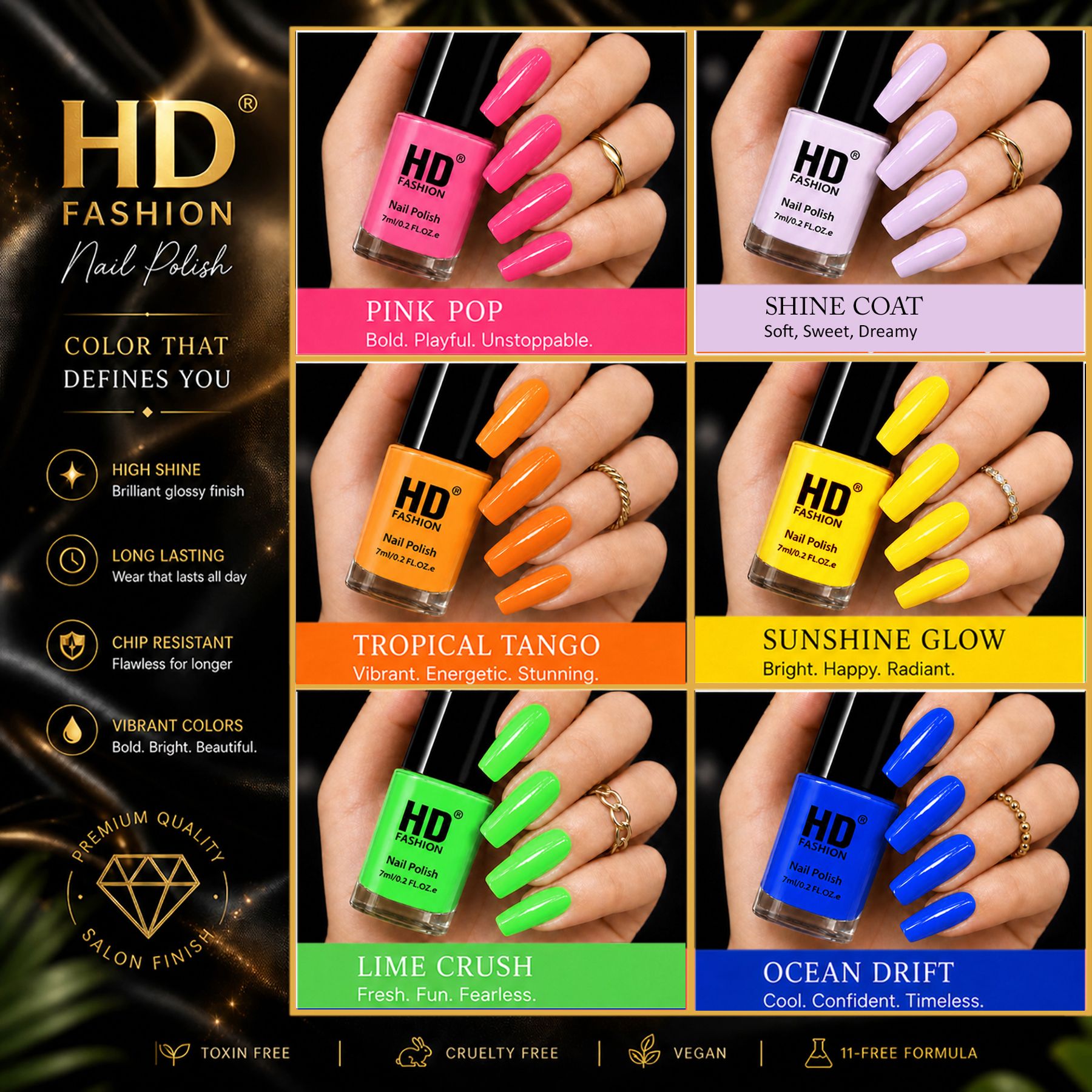 hd fashion Acrylic High Gloss 6-Piece Quick Dry Long Lasting Nail Polish Combo Set H41 Magenta,Top Coat,Orange,Yellow, Green, Blue-picture-13