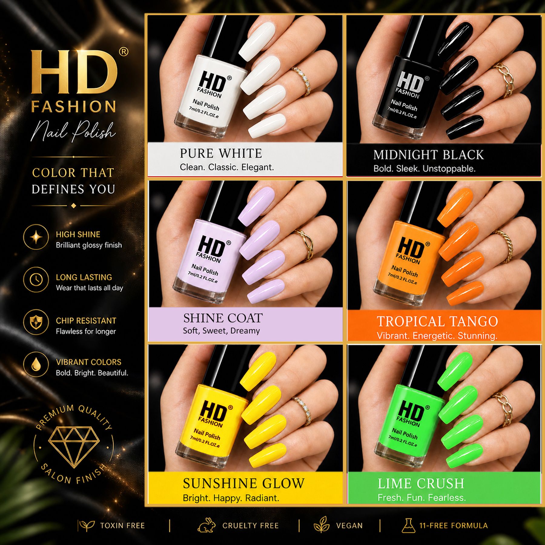 hd fashion Acrylic High Gloss 6-Piece Quick Dry Long Lasting Nail Polish Combo Set H115 White, Black,Top Coat,Orange,Yellow,Green-picture-26