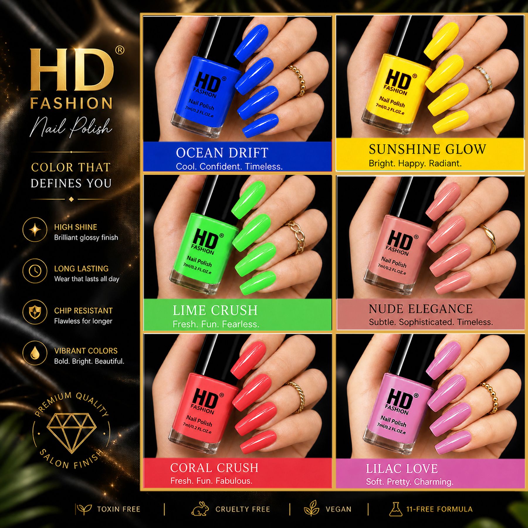 hd fashion Acrylic High Gloss 6-Piece Quick Dry Long Lasting Nail Polish Combo Set H66 Blue,Yellow, Green,Nude,Mauve,Peach-picture-30