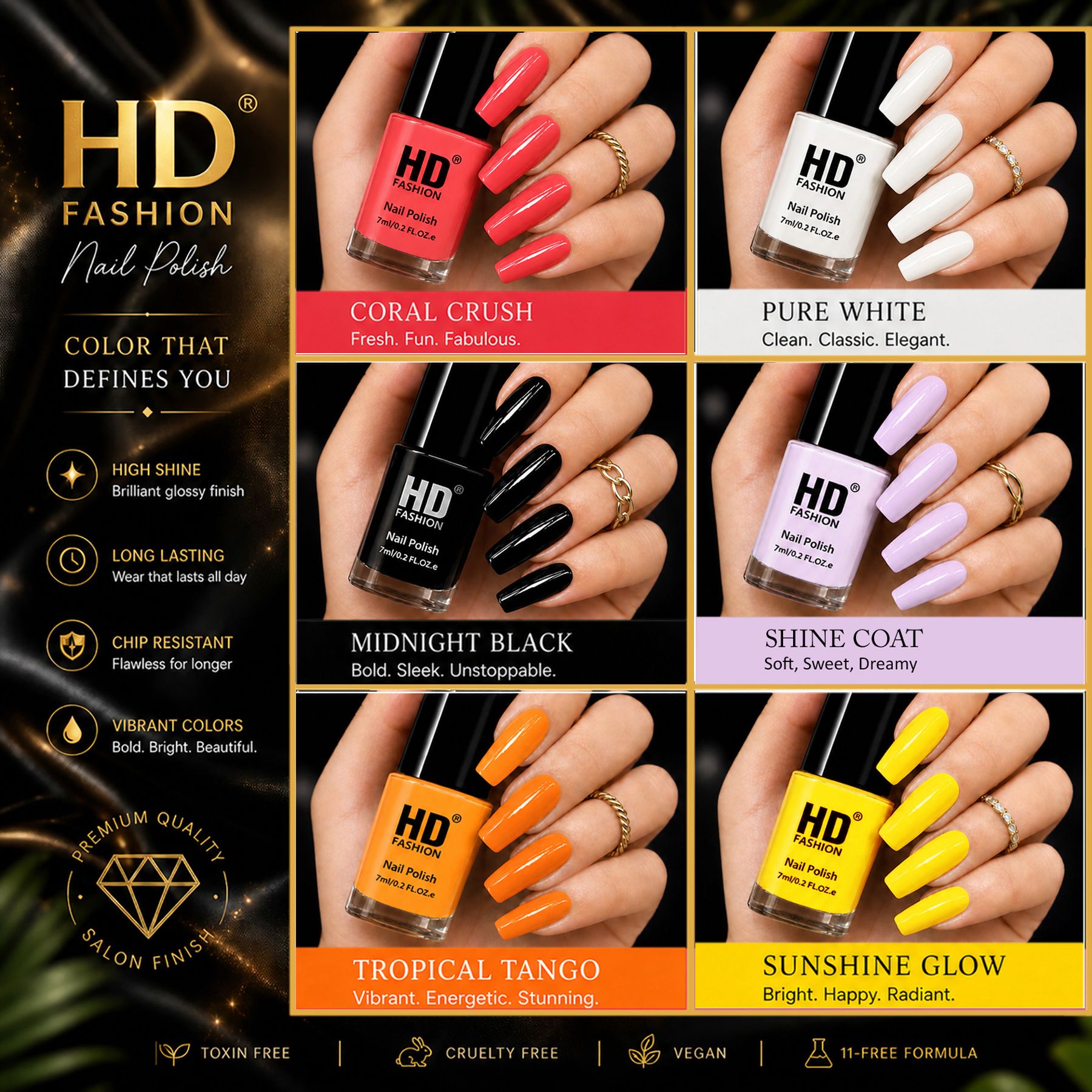 hd fashion Acrylic High Gloss 6-Piece Quick Dry Long Lasting Nail Polish Combo Set H32 Mauve, White, Black, Top Coat, Yellow-picture-33