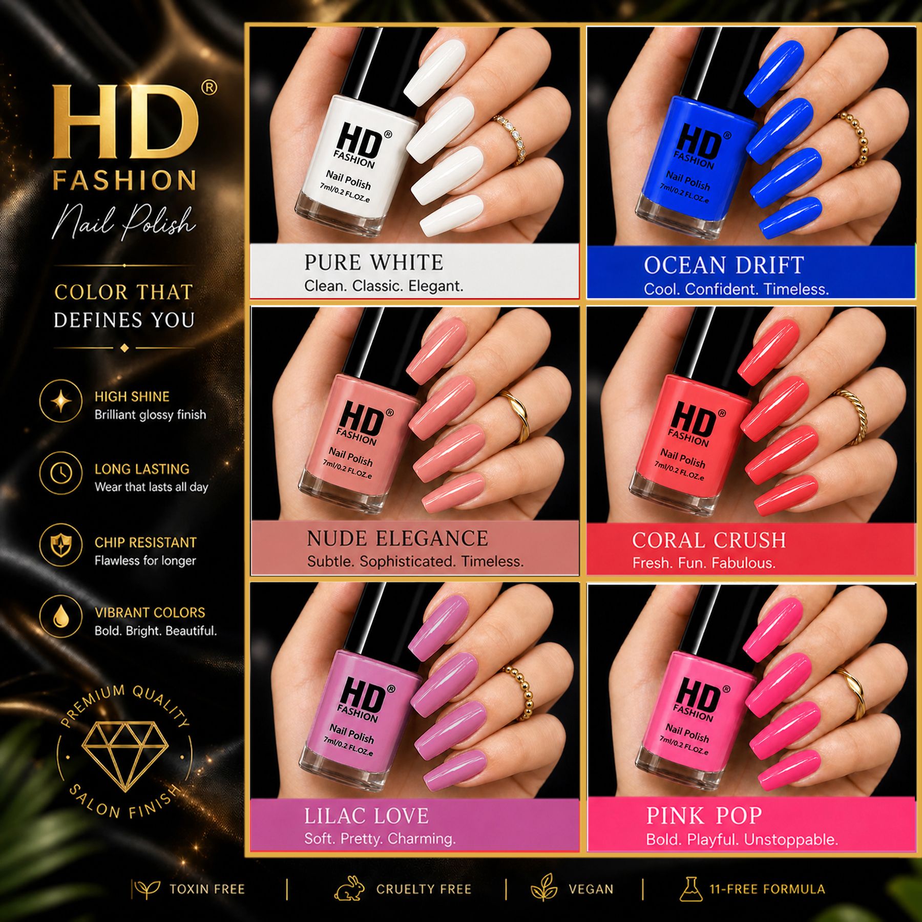 hd fashion Acrylic High Gloss 6-Piece Quick Dry Long Lasting Nail Polish Combo Set H116 White,Blue,Nude,Mauve,Peach,Magenta-picture-38