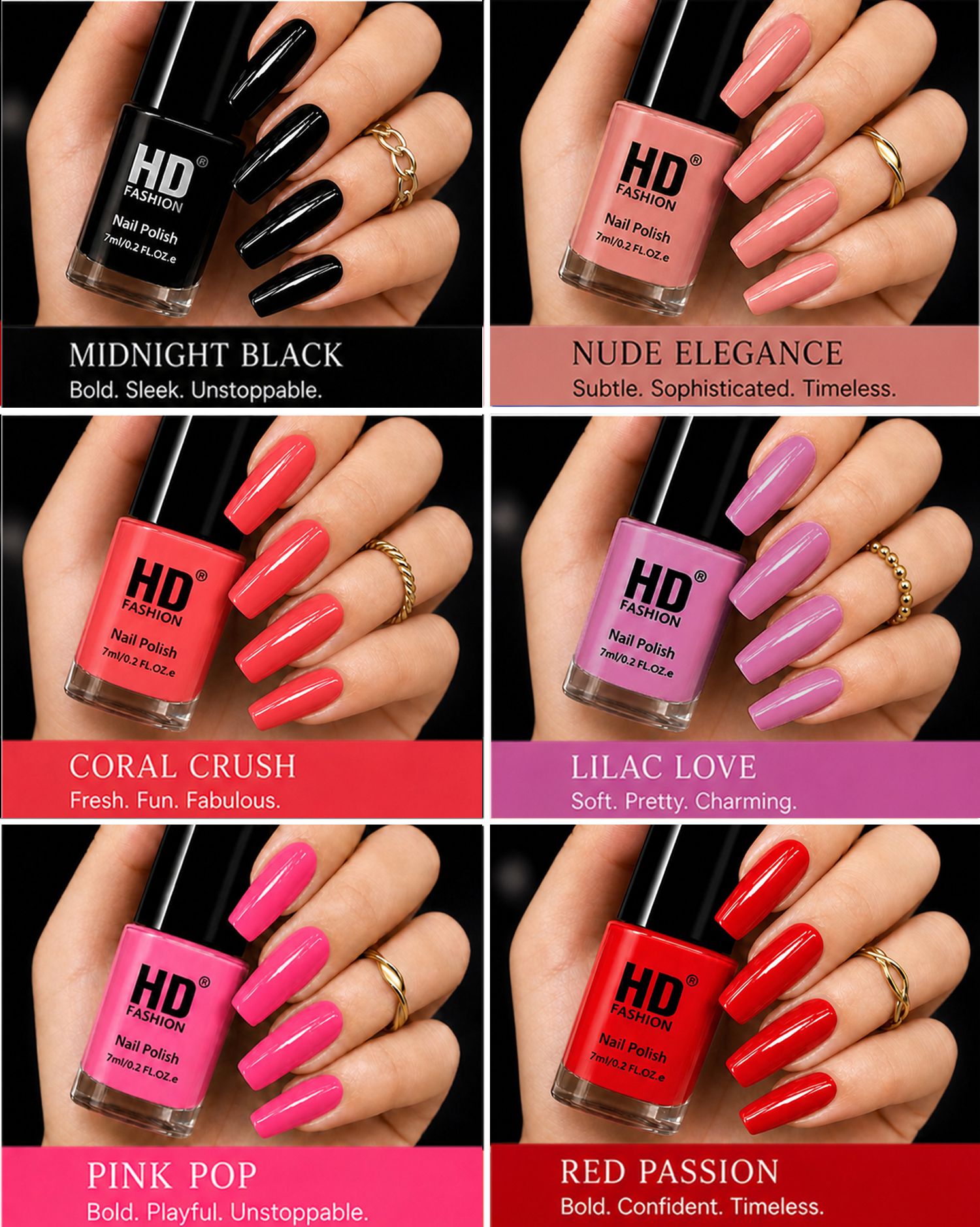 hd fashion Acrylic High Gloss 6-Piece Quick Dry Long Lasting Nail Polish Combo Set H177 Black,Nude,Mauve,Peach,Magenta,Red-picture-19
