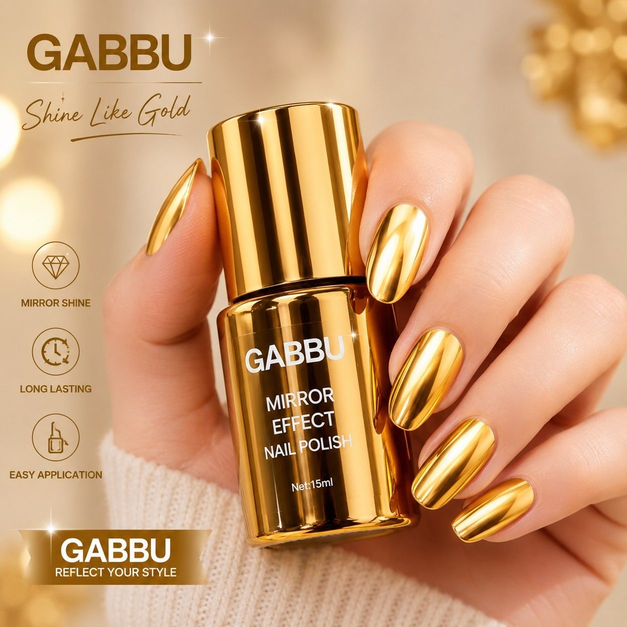 gabbu Gold Nail Polish Chrome Metallic Nail , Mirror Quick Dry Metal Effect GOLD-picture-43