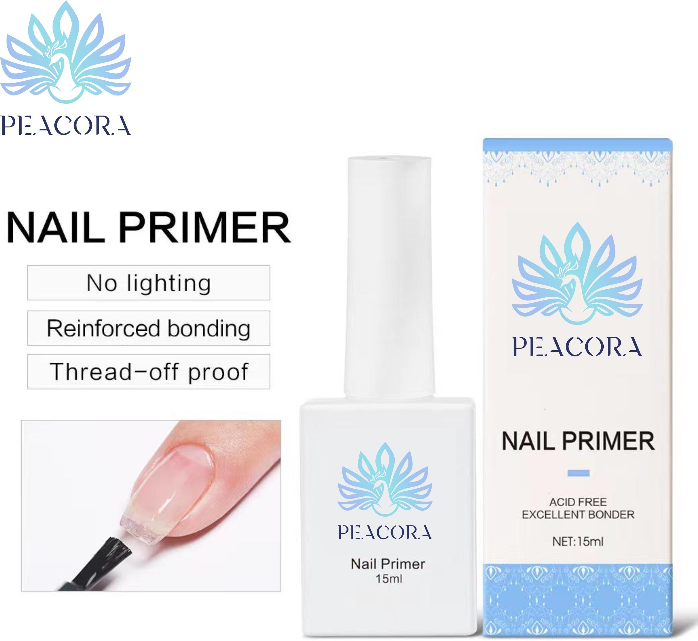 15ml Nail Primer for Gel Nail Polish No Lift Nail Prep Bond Primer Acid Free Fast Air Dry Nail Bonder for Acrylic Powder Nail Supplies Set, Nail Primer