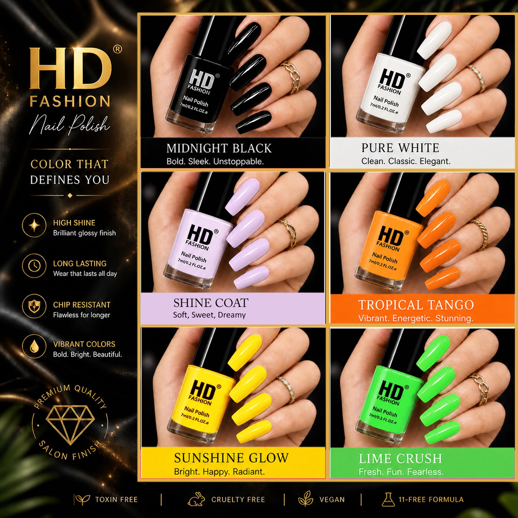 hd fashion Acrylic High Gloss 6-Piece Quick Dry Long Lasting Nail Polish Combo Set H54 Black, White,Top Coat,Orange Yellow,Green-picture-34