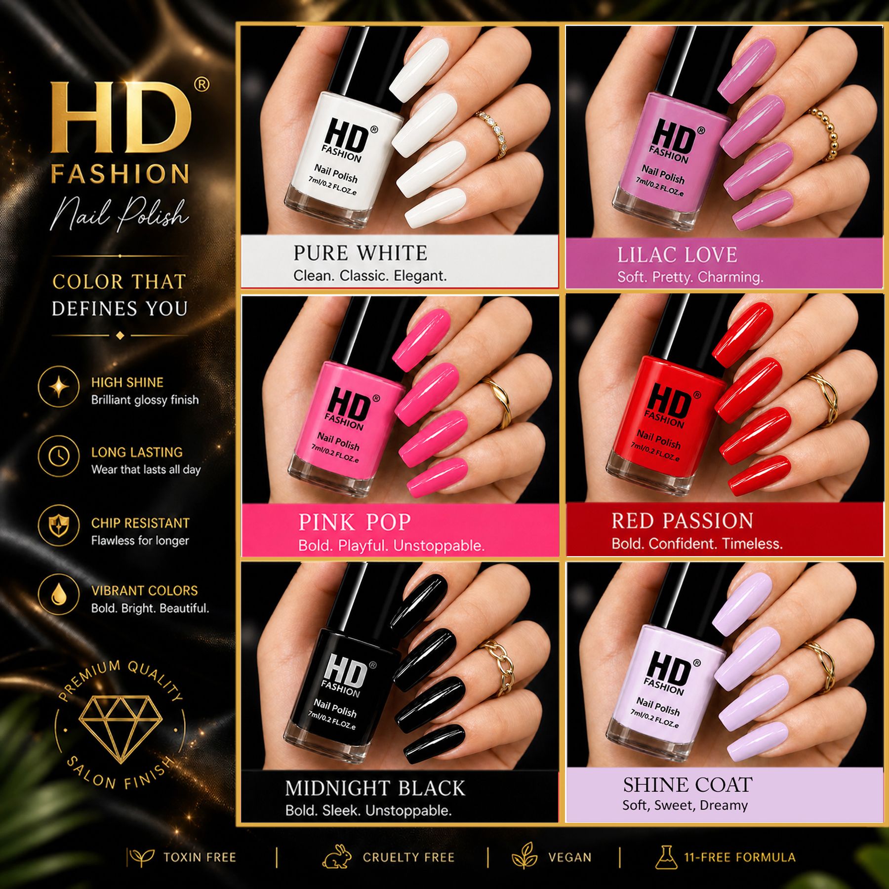 hd fashion Acrylic High Gloss 6-Piece Quick Dry Long Lasting Nail Polish Combo Set H112 White,Peach,Magenta,Red,Black,Top Coat-picture-18
