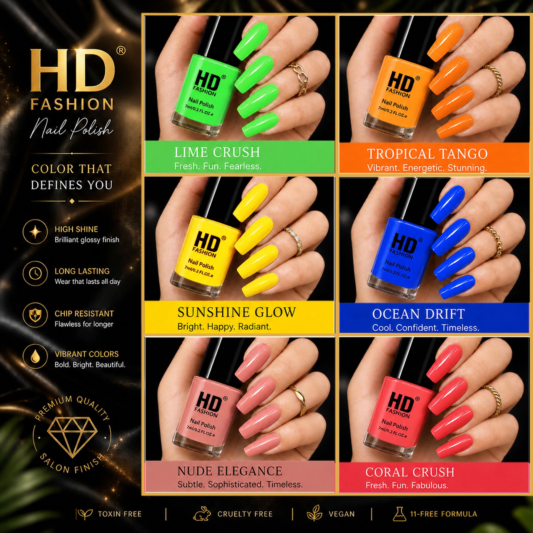 hd fashion Acrylic High Gloss 6-Piece Quick Dry Long Lasting Nail Polish Combo Set H73 Green,Orange,Yellow,Blue,Nude,Mauve-picture-20