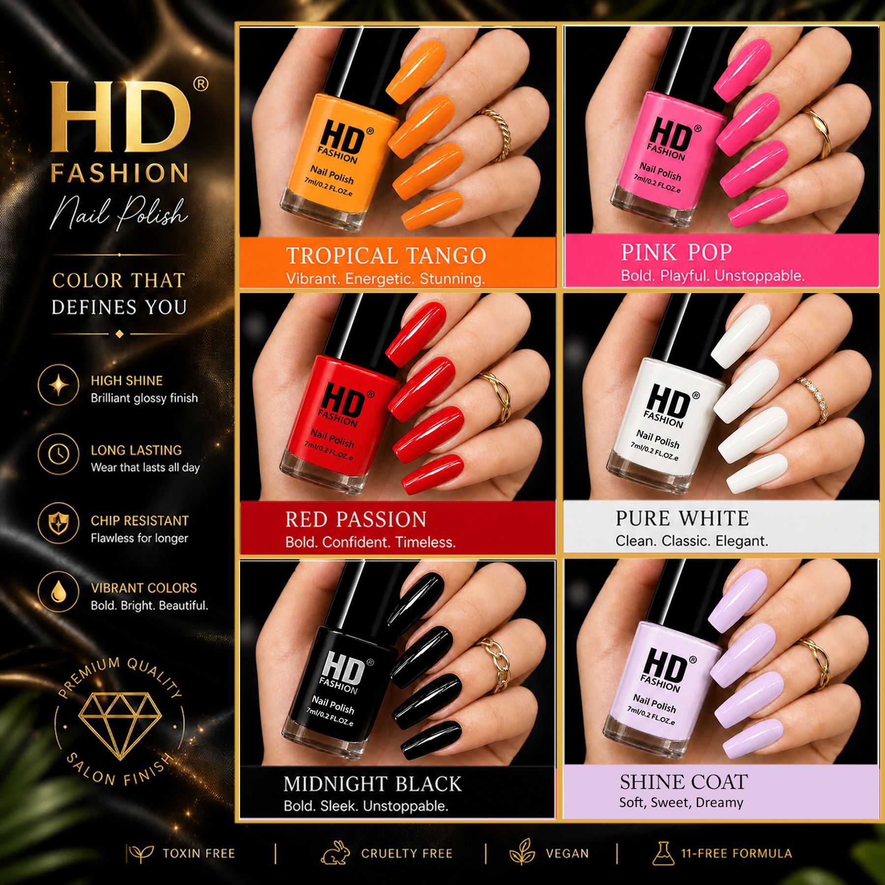 hd fashion Acrylic High Gloss 6-Piece Quick Dry Long Lasting Nail Polish Combo Set H81 Orange,Magenta,Red,White,Black,Top Coat-picture-20