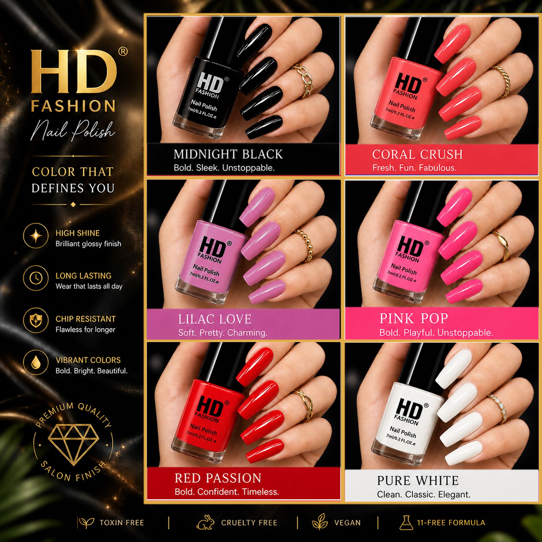 hd fashion Acrylic High Gloss 6-Piece Quick Dry Long Lasting Nail Polish Combo Set H47 Black,Mauve,Peach,Magenta,Red,White-picture-11