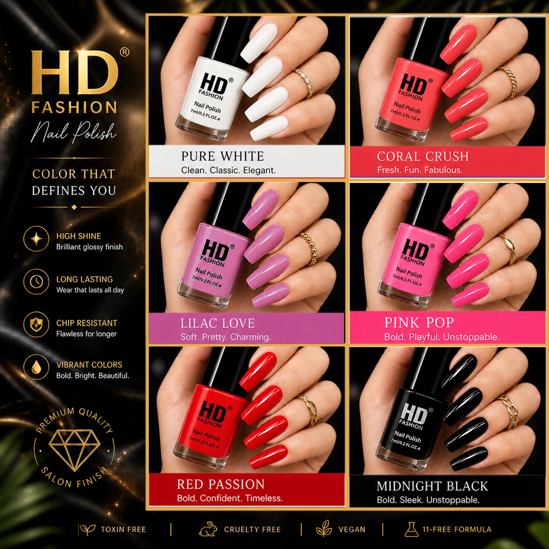 hd fashion Acrylic High Gloss 6-Piece Quick Dry Long Lasting Nail Polish Combo Set H113 White,Mauve,Peach,Magenta,Red,Balck-picture-24