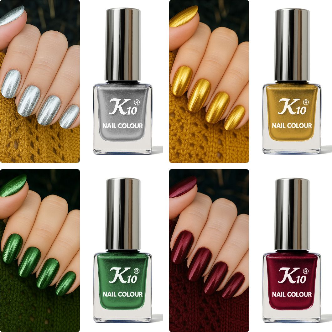 Long Lasting, Premium quality Metallic Nail polish Combo set 12ML Each Silver, Gold, Green, Maroon