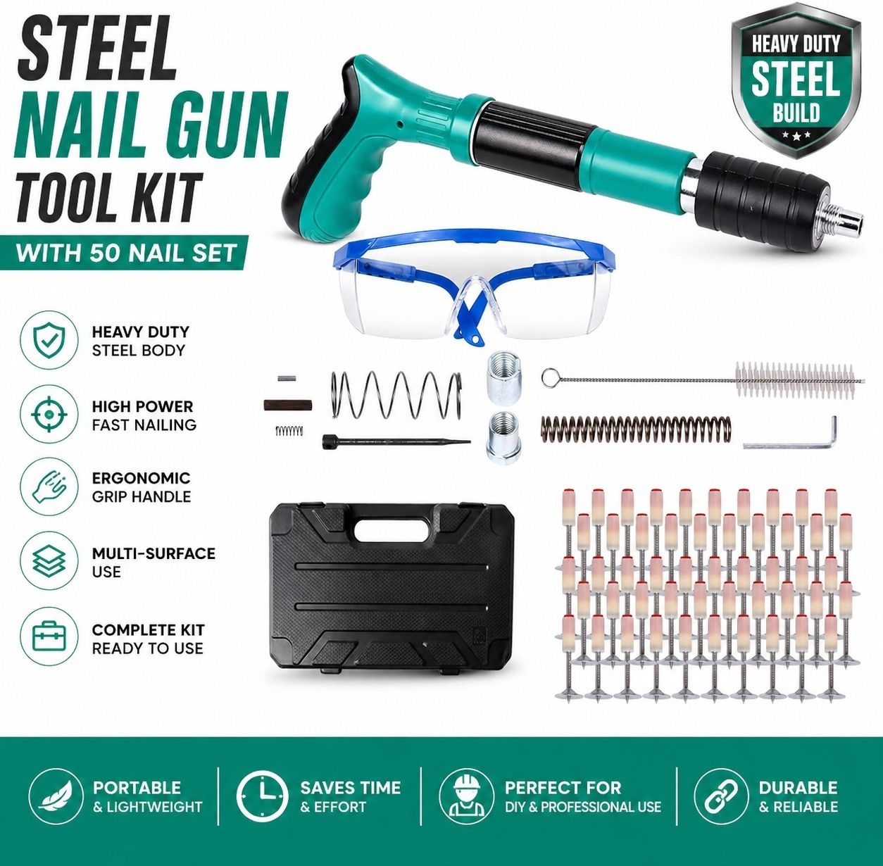Manual Nail Gun Tool Kit Steel Body with 50 Nails for Concrete Wall Portable Steel Nail Gun Kit with 50 Nails | Wall Fixing Tool Cordless Nailer-image-23