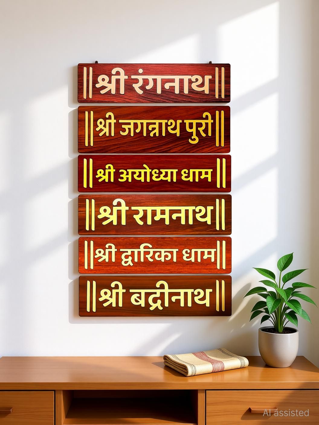 Wooden MDF Home Mandir Nameplates Set of 6 | Handmade Wooden Temple Décor Name Plate-image-2