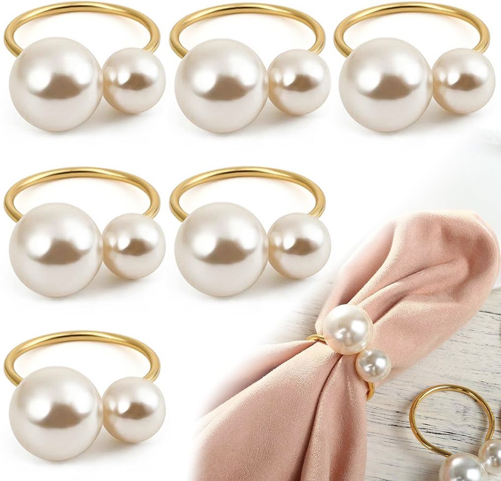 Elegant Pearl Golden Napkin Rings Set Set of 6 Napkin Rings-image-26