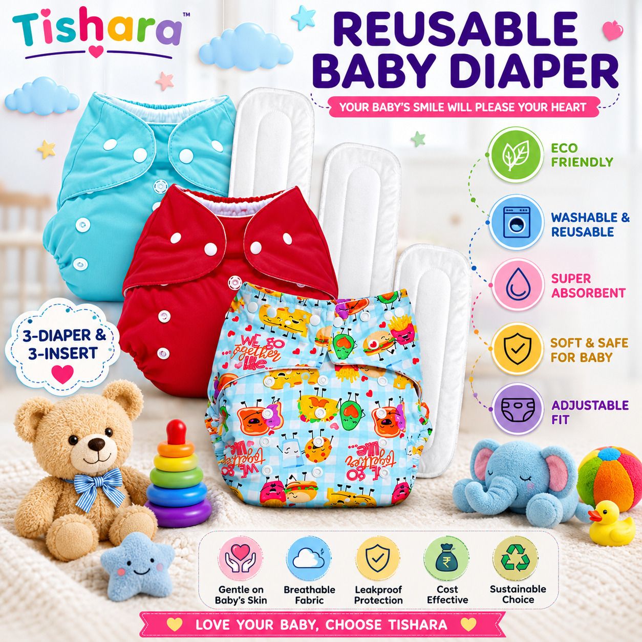 tishara Baby Cloth Diapers | Washable Daily Wear Nappies for Babies 3M-3Y-picture-34