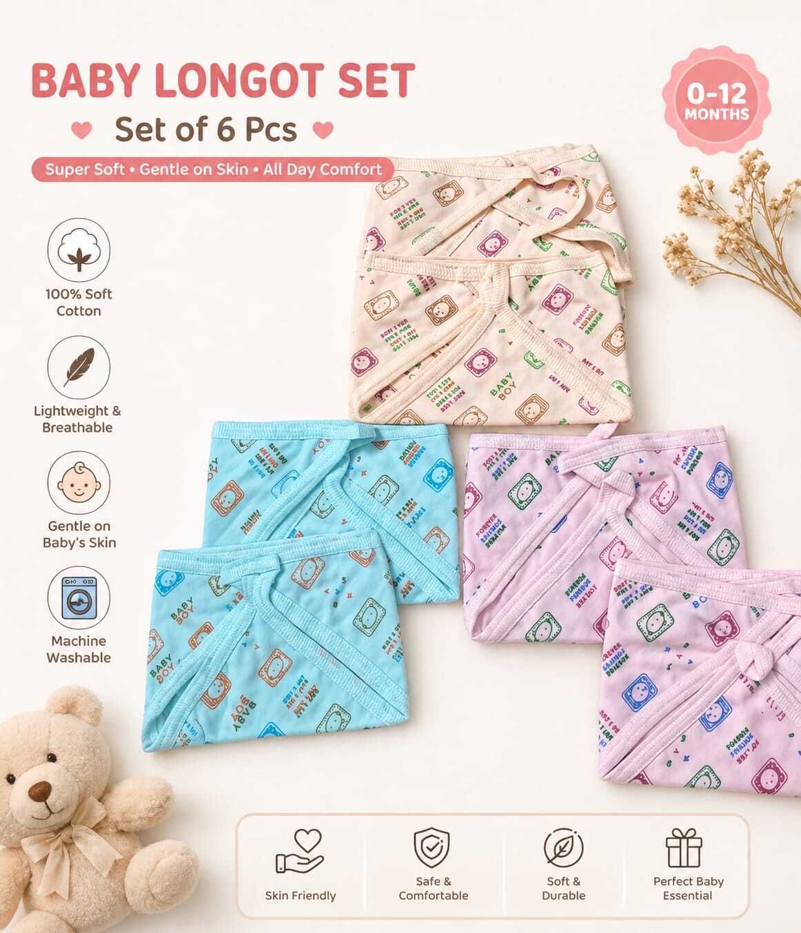 Newborn Baby Langot Pack (6pcs) for 0–6 Months, Washable Reusable Cotton Langot-image-30