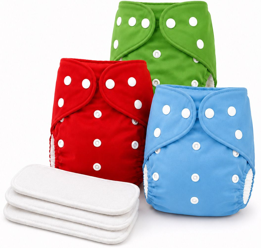 Reusable Cloth Diapers with Absorbent Insert Pads (3 Diapers & 3 Inserts)-image-1