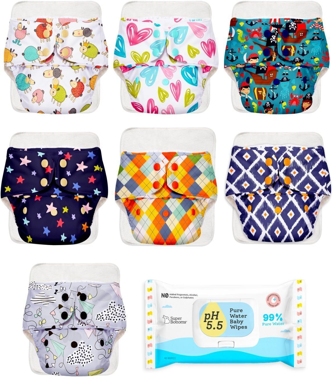 superbottoms BASIC 7 Cloth Diapers for 3M-3Y with Wipes (7 Shells + 7 Inserts + 40pcs wipes)-picture-12