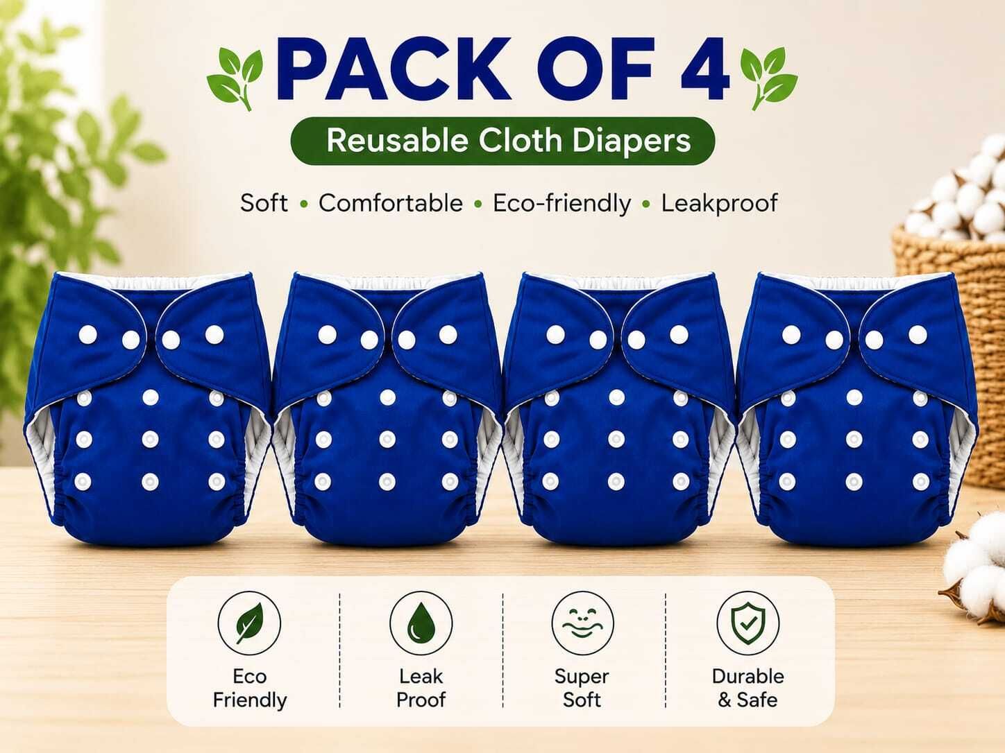 Reusable Cloth Diaper with Adjustable Snaps (Royal Blue)| Pack of 4-image-1