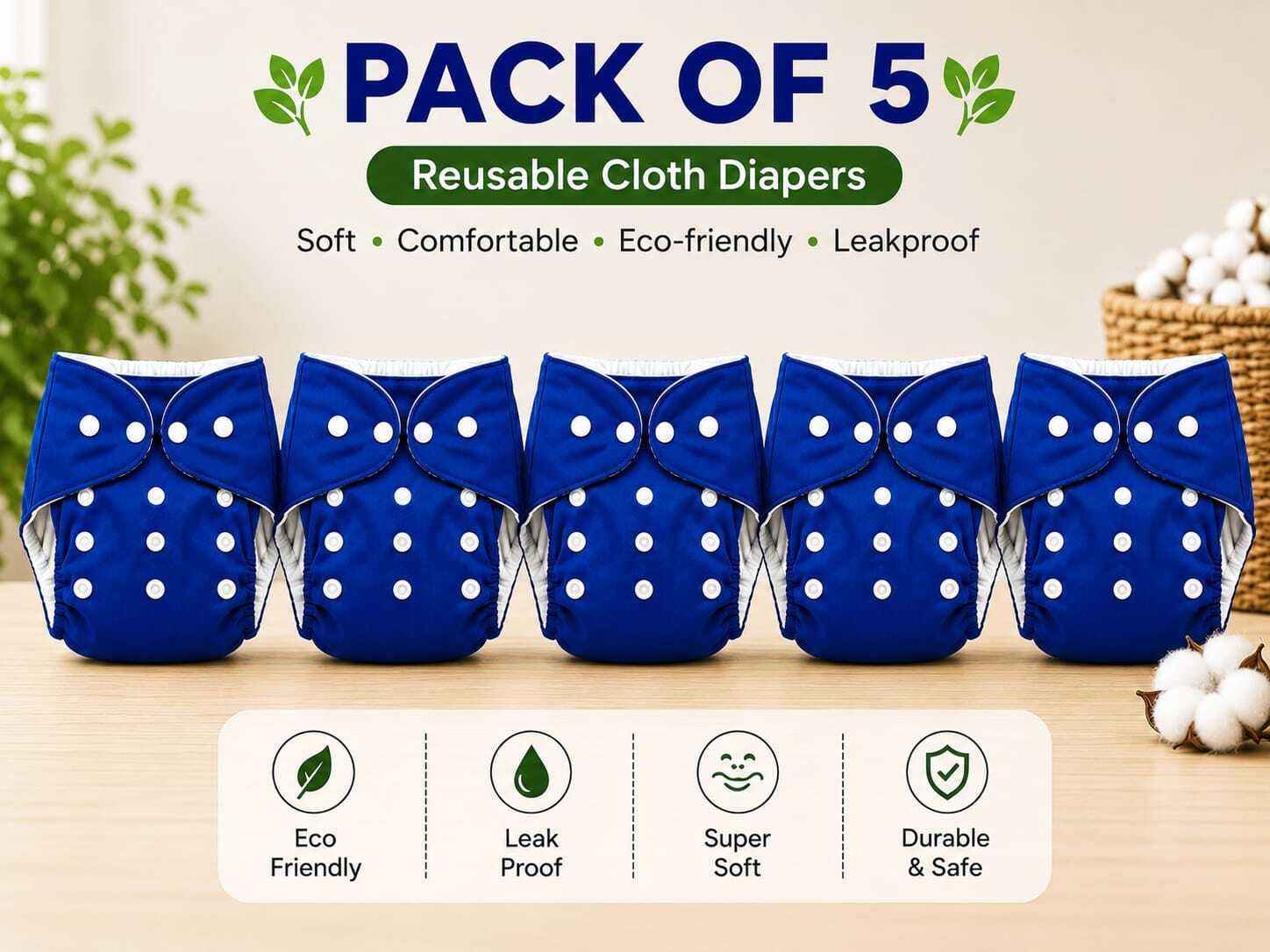 Reusable Cloth Diaper with Adjustable Snaps (Royal Blue)| Pack of 5-image-13