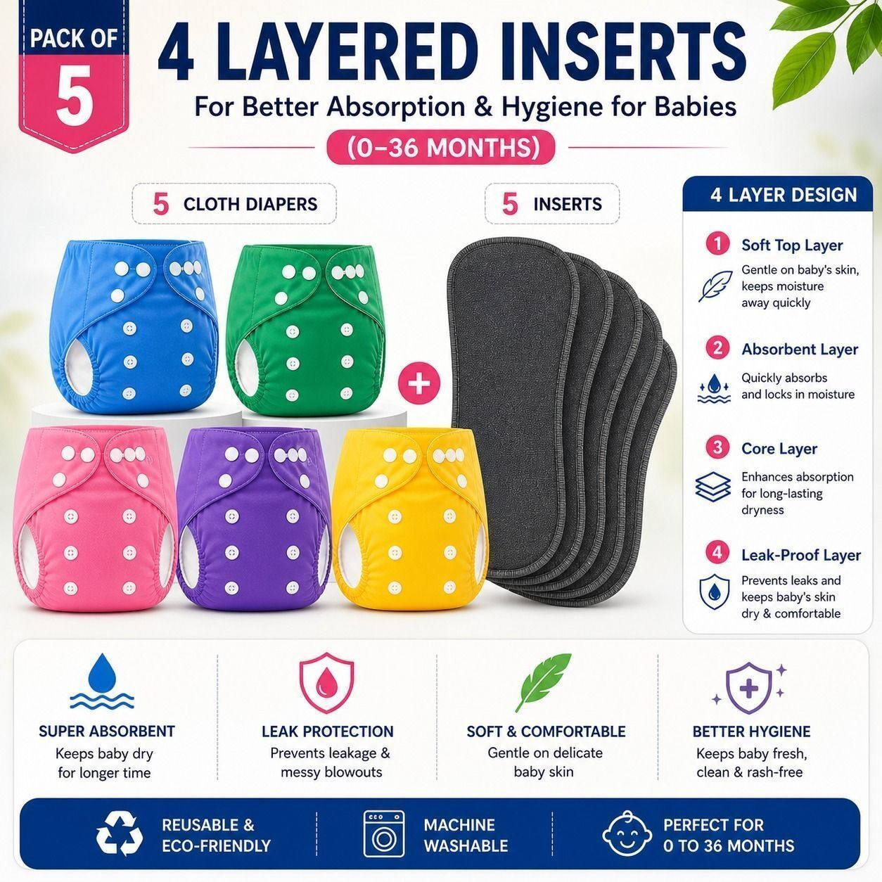 Leakproof Baby Cloth Diapers Pack of 5 | Reusable with Inserts Multicolor-image-33