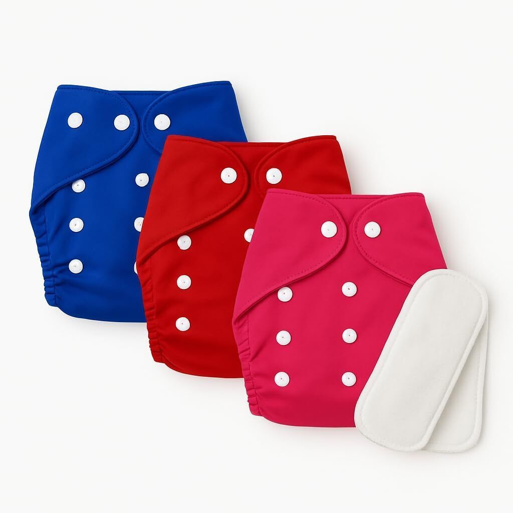 Reusable & Washable Baby Cotton 3 Cloth Diaper Nappies With 2 White Insert Pads