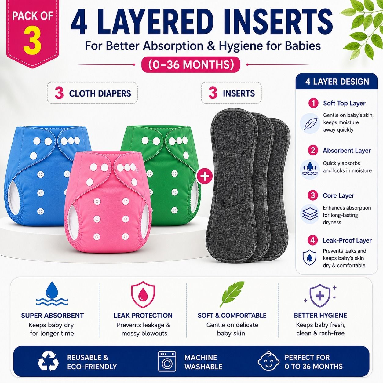 little love Leakproof Reusable Cloth Diaper 3 Pack with 4 Layered Inserts for Newborn Baby-picture-19