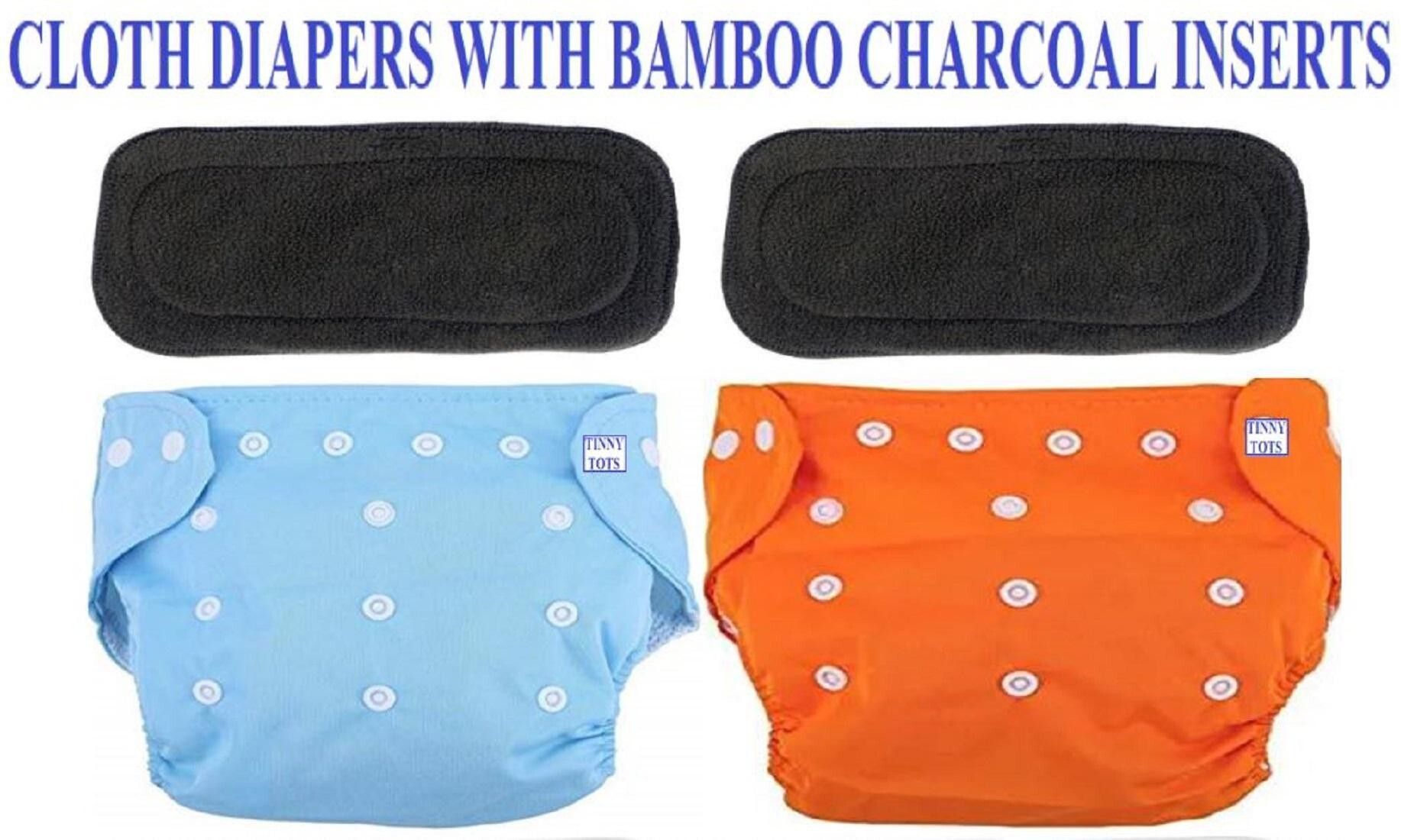 Premium Quality Pack of 2 Reusable Adjustable Baby Cloth Diapers Nappy With 2 Bamboo Charcoal Insert Pads(Multi-Layer) For Babies/New Borns/Toddlers(0-12 Months,BO)-image-2