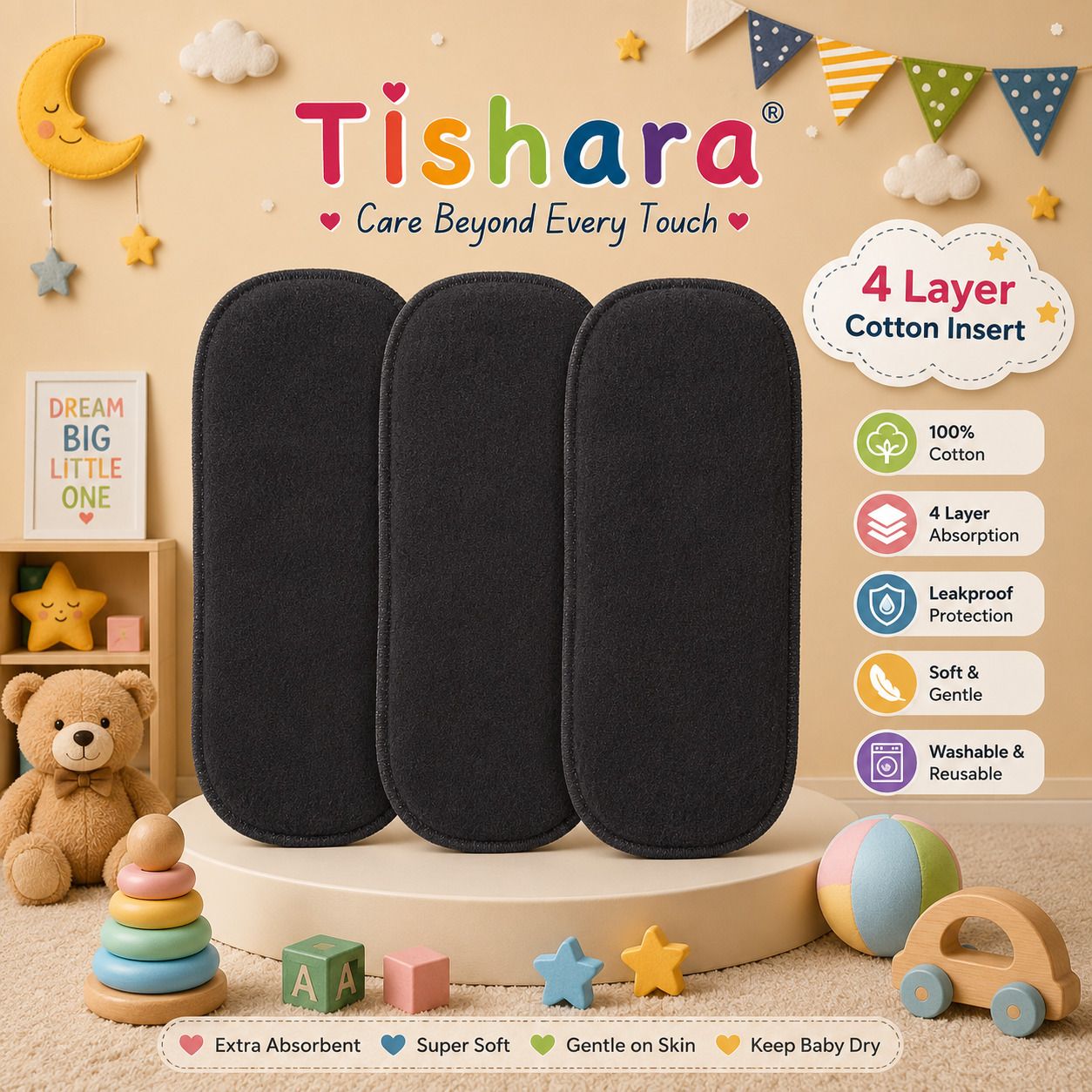 (set of 3) premium 5 layers bamboo fibre charcoal reusable diaper inserts