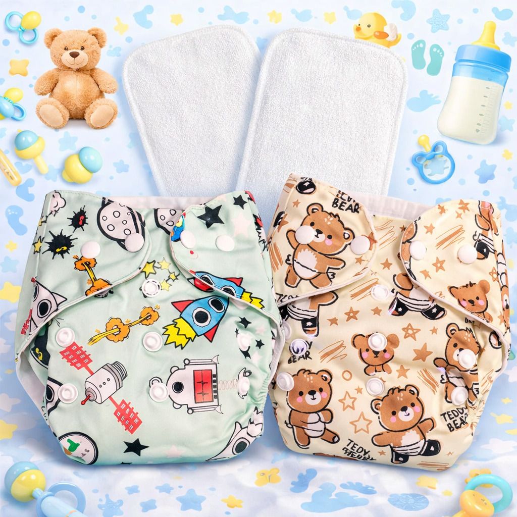 Reusable Baby Printed 2 Cloth Diapers For 0 to 3 Years With 2 White Insert Pad-image-34