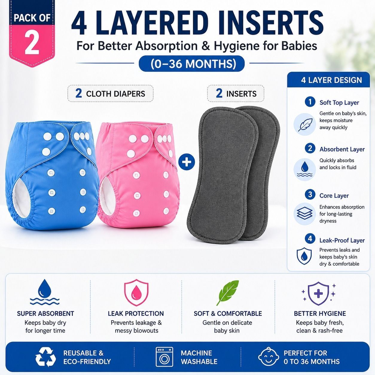 verma e cart Reusable Baby Cloth Diapers Pack of 2 with 4 Layered Inserts Waterproof Nappies-picture-27