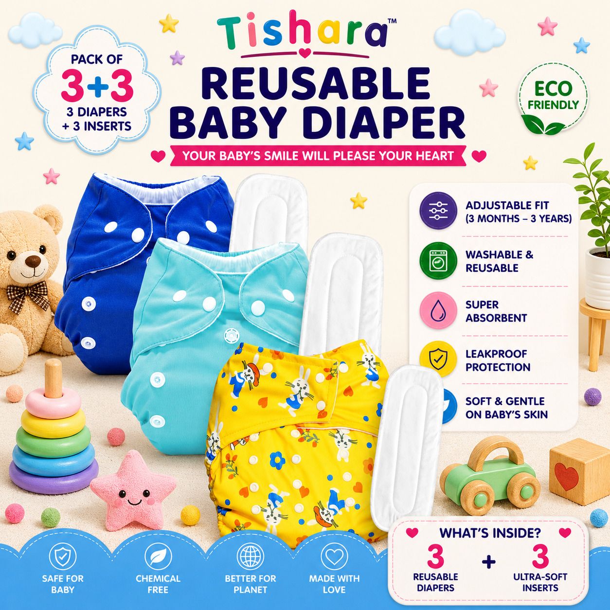 Printed Baby Diaper | Adjustable Snap Diaper 3M-3Y-image-13
