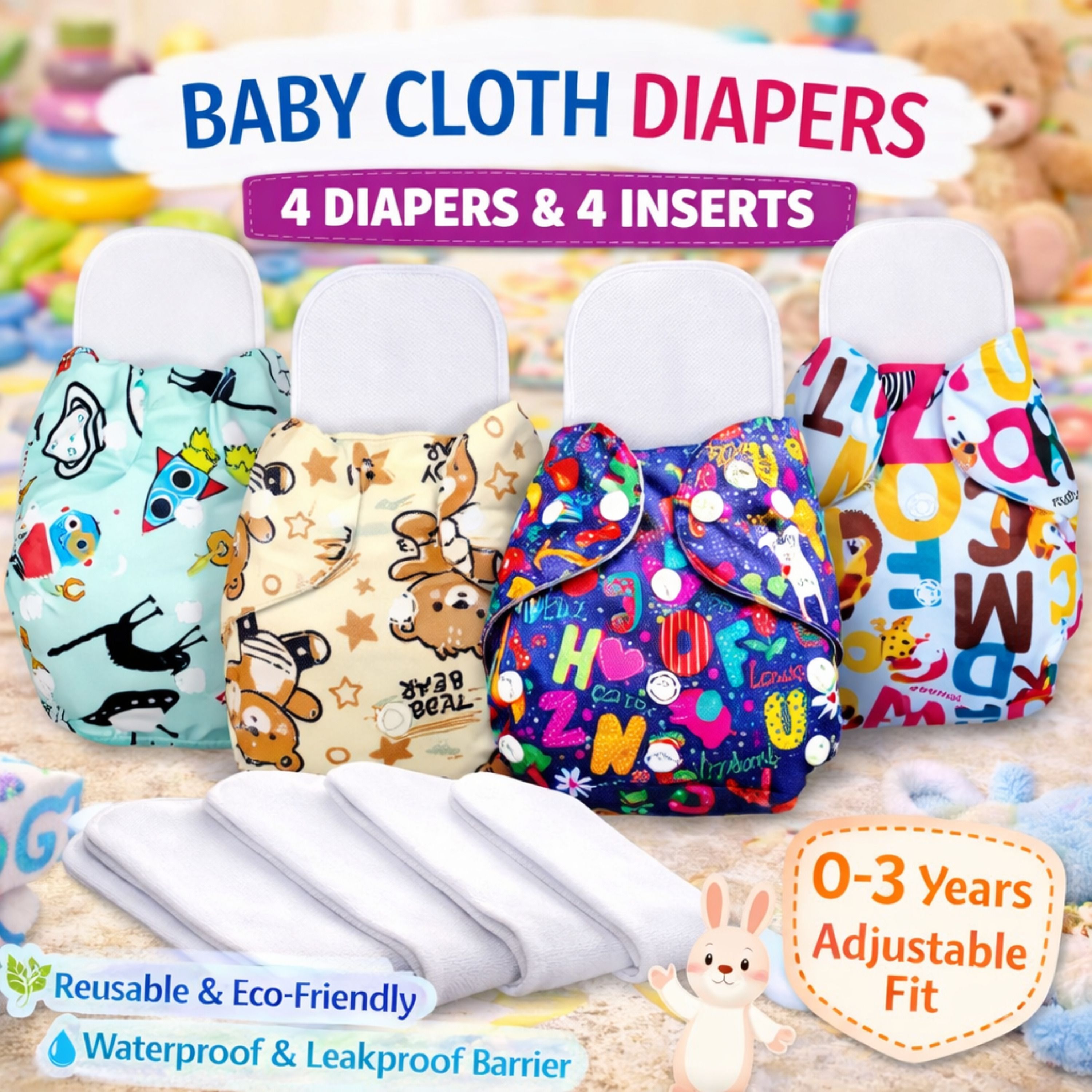 aerex Reusable Baby Printed Cloth Diapers For 0 to 3 Years With 4 White Insert Pad-picture-17