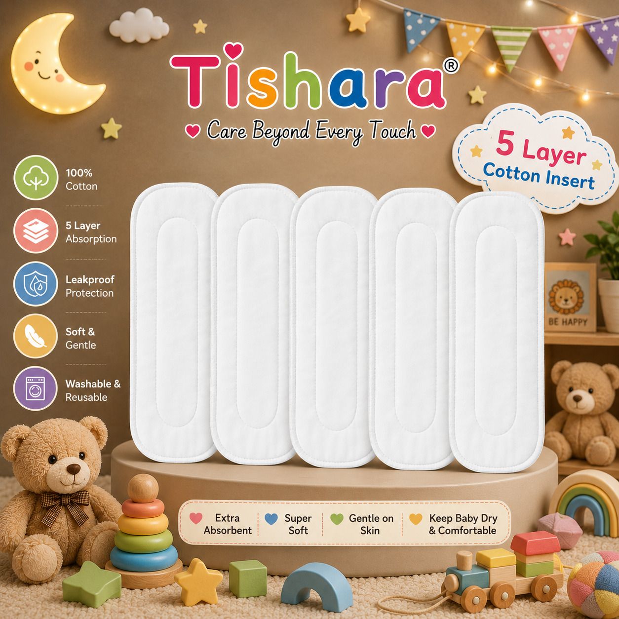 tishara Reusable, Washable Stay Dry Inserts for Cloth & Pocket Diapers | Pack of 5-picture-22