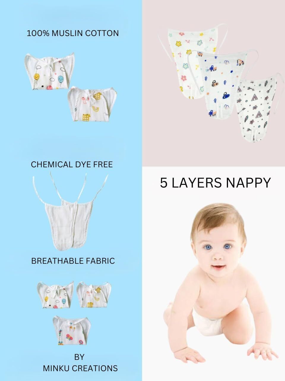 minku creations Newborn Reusable Muslin Cotton Nappy Langot – Soft, Lightweight & Safe-picture-19