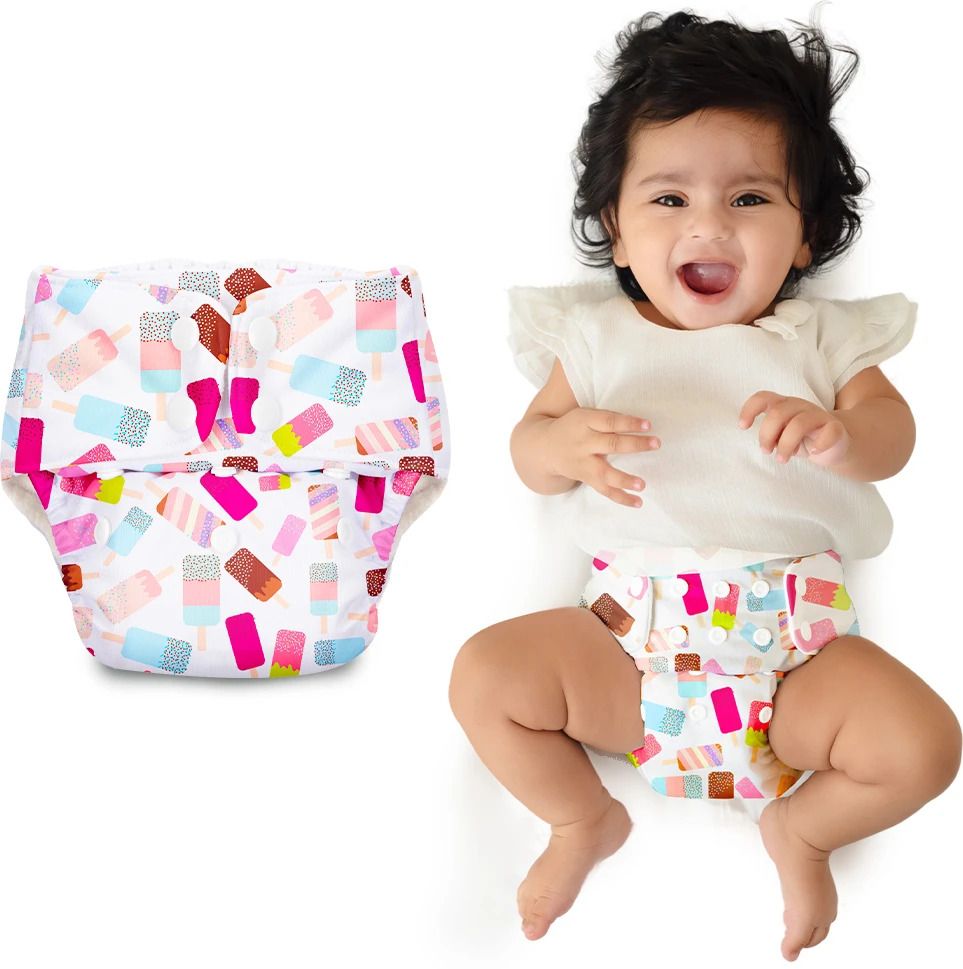 Basic Certified Soft Fleece Lined Pocket Cloth Diaper with 1 Wet-Free Insert (FreeSize Reusable & Adjustable Cloth Diaper,Fits from 5-17 kg, Icecream)