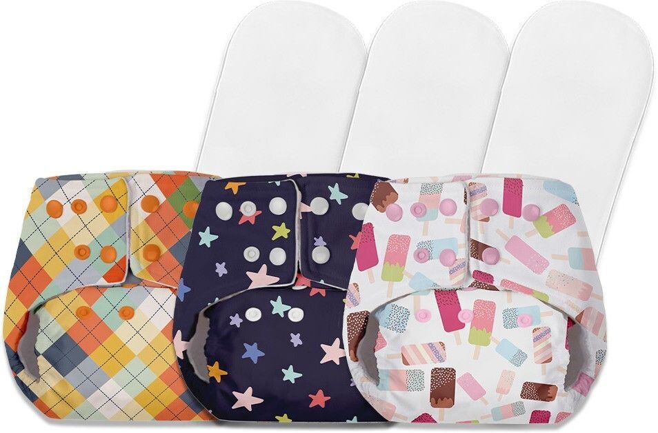 Pack of 3 Diapers with 3 Dry feel Inserts | Freesize Pocket cloth diapers | Reusable cloth diapers for babies - Fits babies from 0-3 years - 5-17kgs | Option 4-image-2